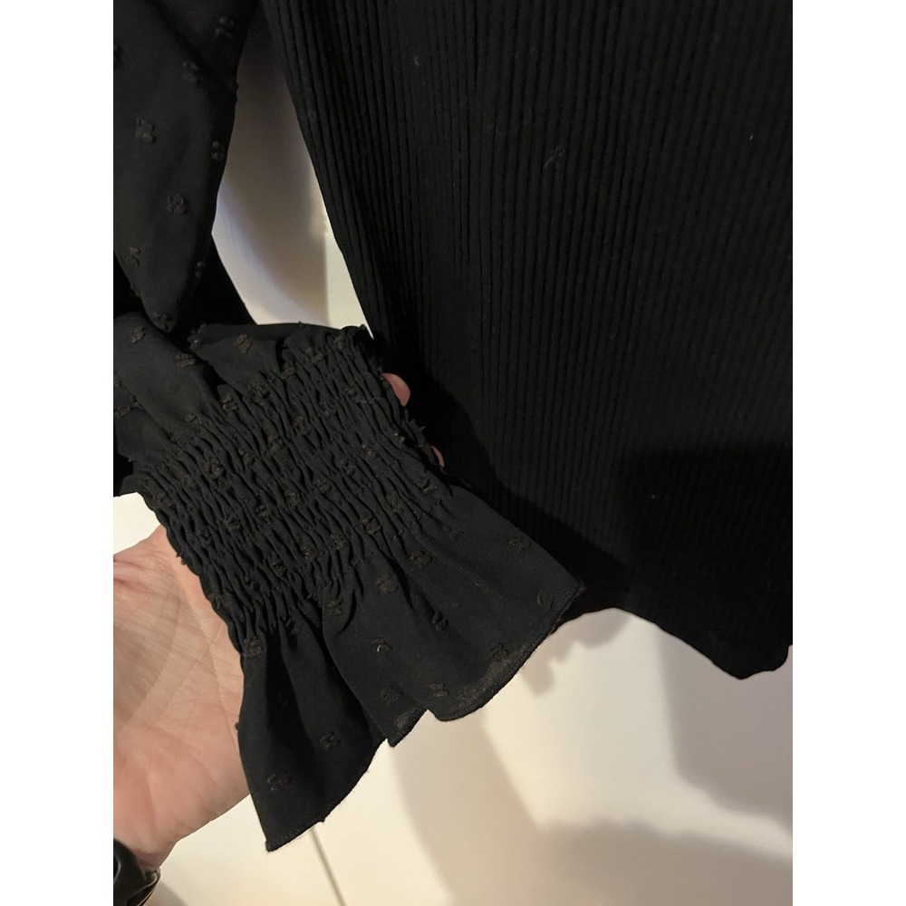 Angashion Women's Medium Black Top Ribbed With Long‎ Chiffon Sleeves Dot - Picture 4 of 6